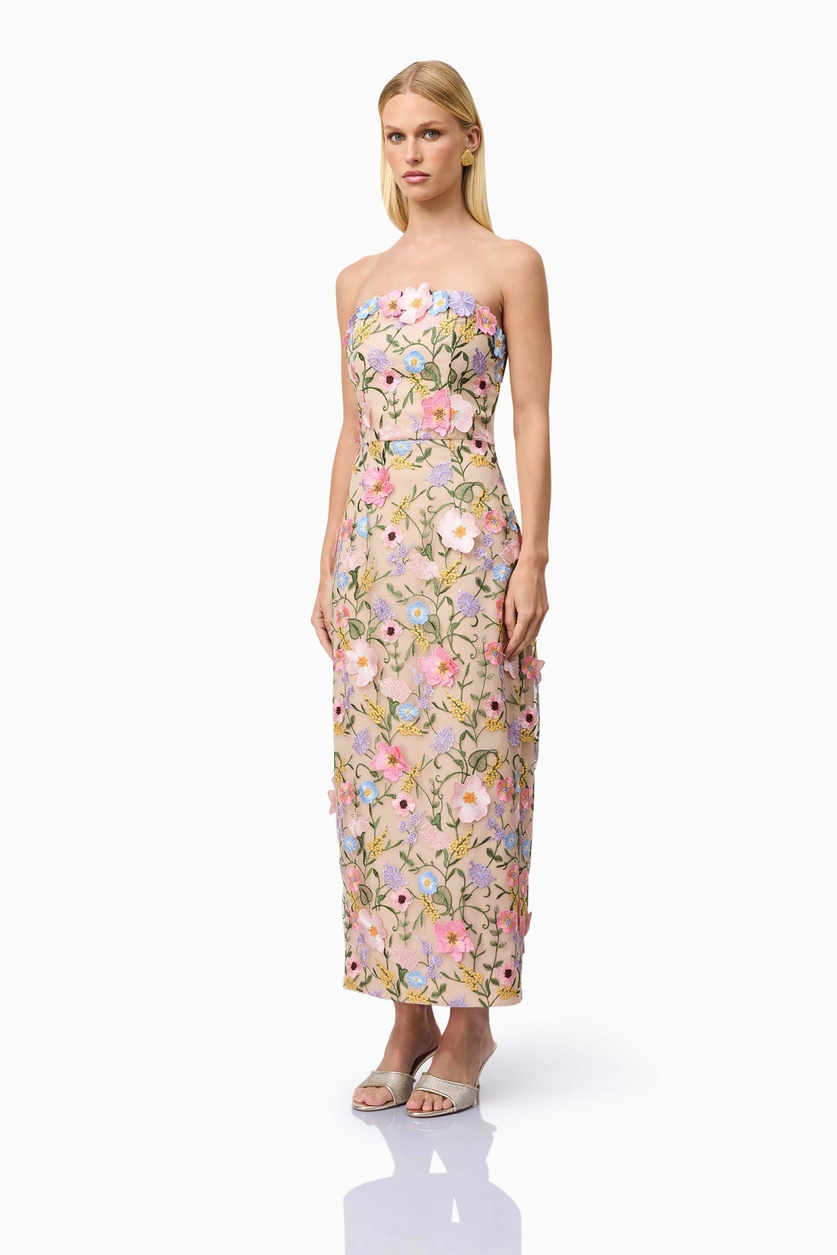 Helena Strapless Midi Dress In Floral Apricot Flowering Girl