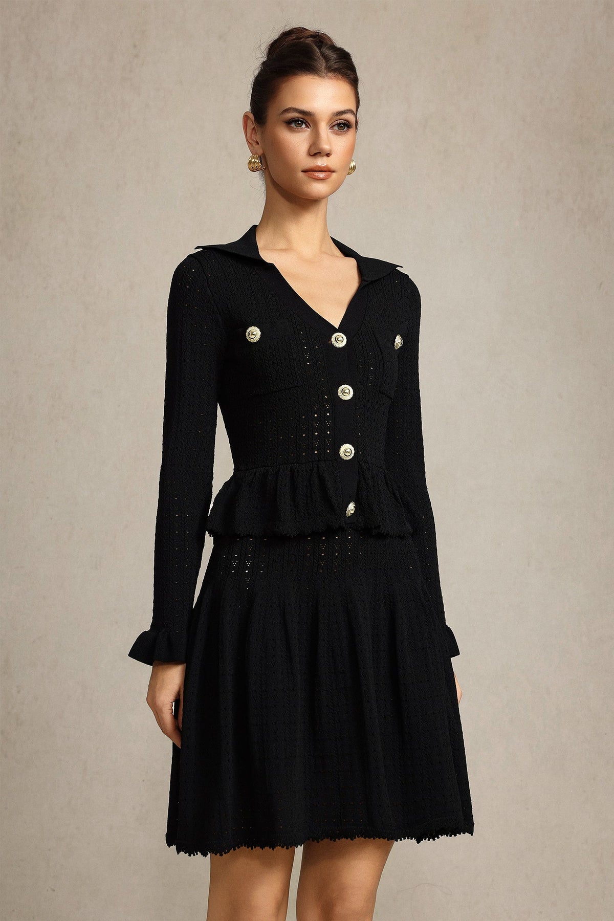 Leaf-Edge Paneled V-Neck Knitted Mini Dress In Black Flowering Girl