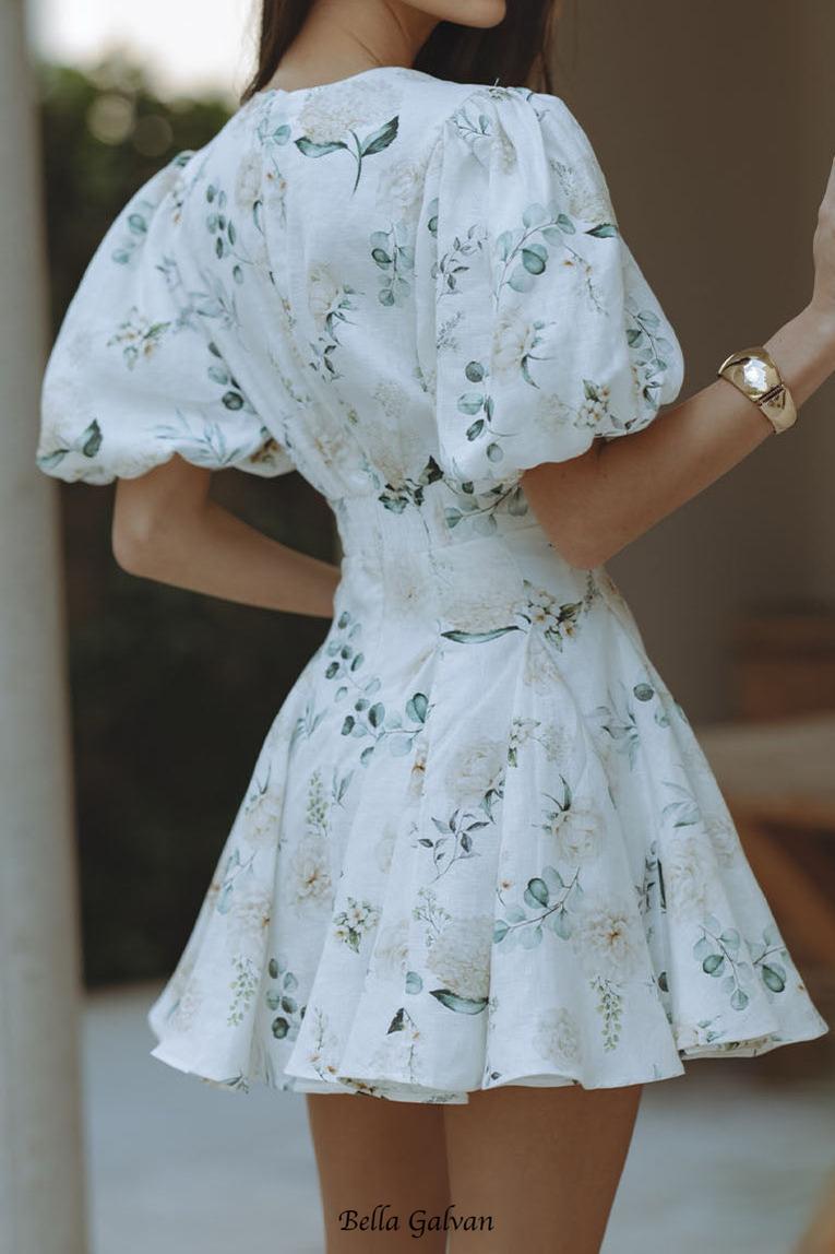 venus v-neck floral print puff sleeve mini dress Flowering Girl
