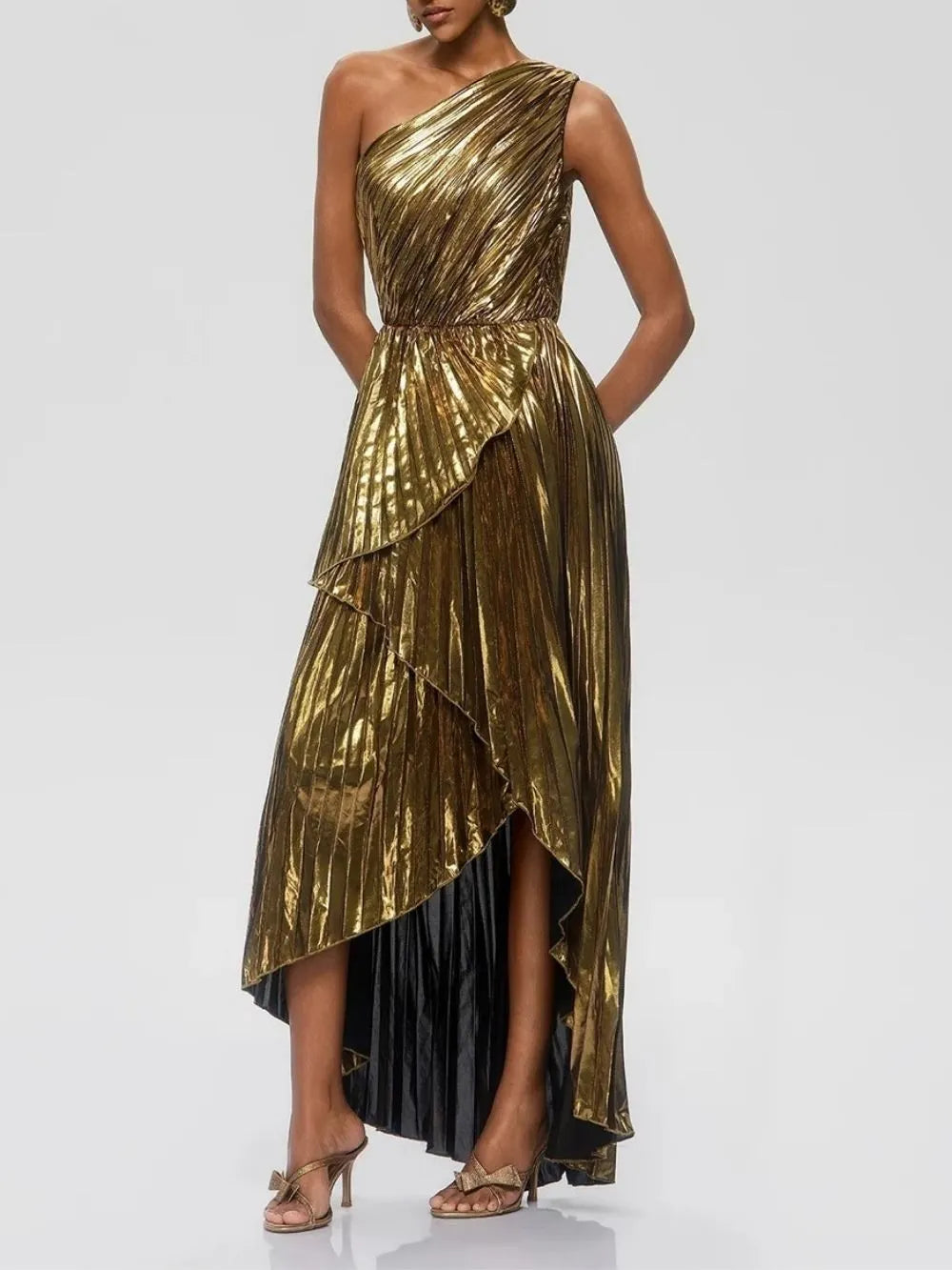 Galena One Shoulder Pleated Metallic Dress Flowering Girl