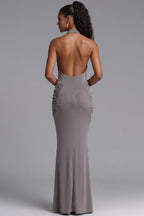Taupe Grey Stretch Jersey Column Evening Gown Flowering Girl