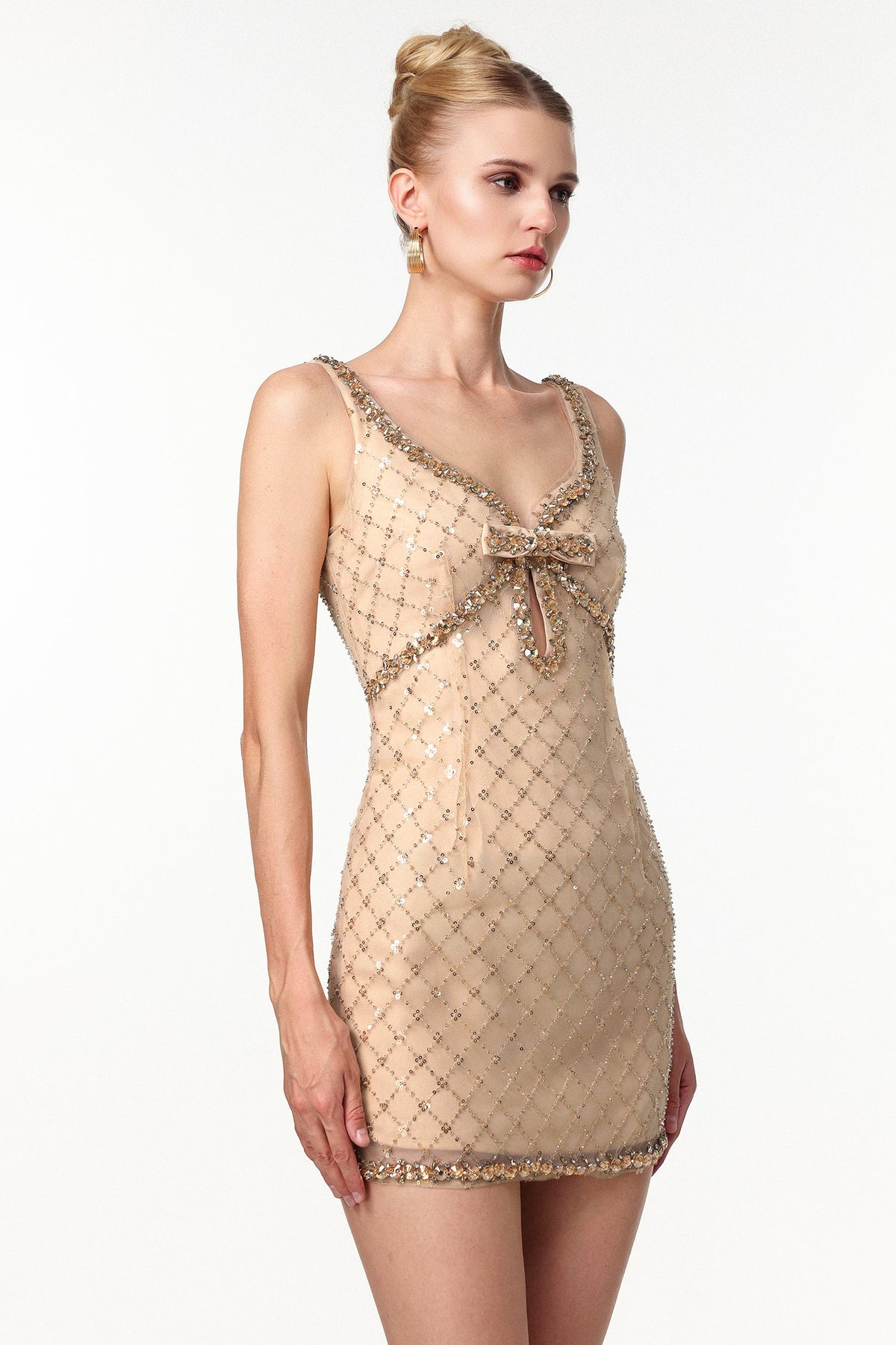 Mona Embellished Rhinestone Sequin Mini Dress In Yellow Flowering Girl