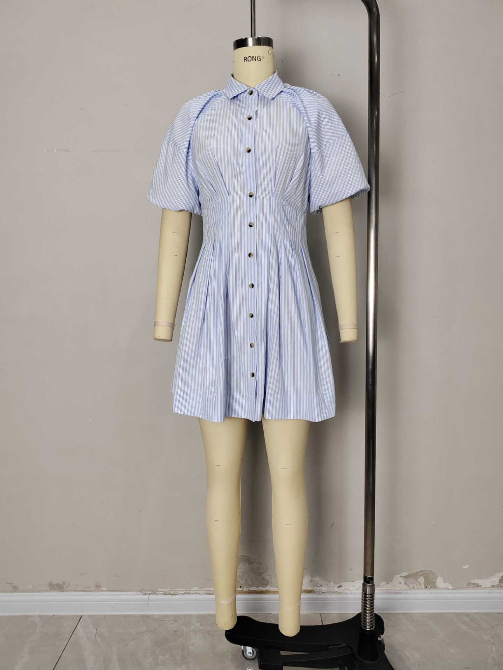 Blue White Stripe Collared Puff Sleeve Button Front Mini Shirt Dress Flowering Girl