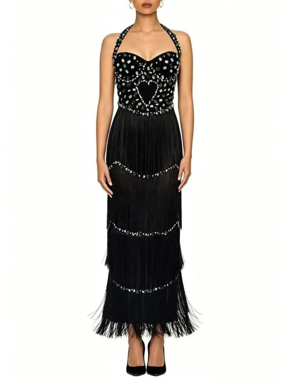 Halter Crystal Tassel Maxi Dress Black Flowering Girl