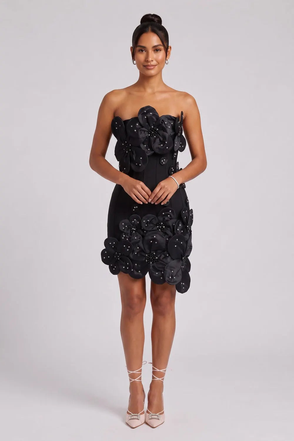 Black Structured Crepe 3D Floral Mini Dress Flowering Girl