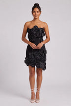 Black Structured Crepe 3D Floral Mini Dress Flowering Girl