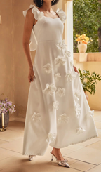 Flower Ruffle Trim Strap Midi Dress In White Flowering Girl