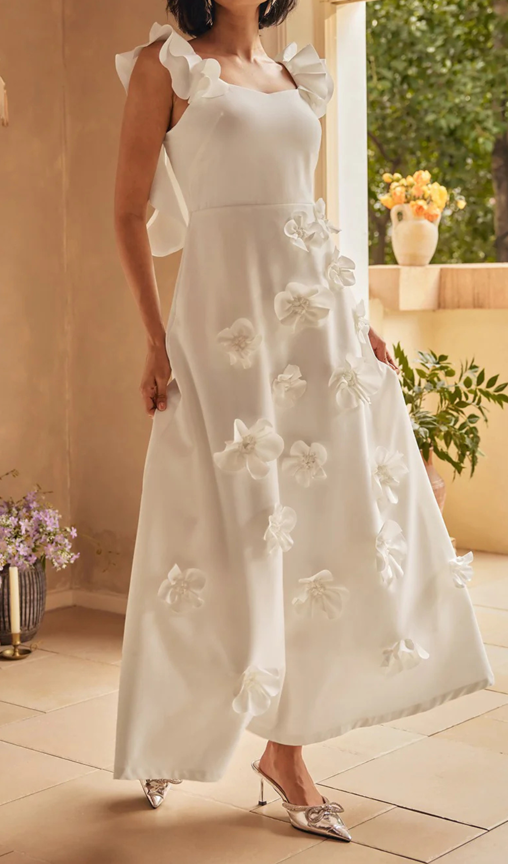 Flower Ruffle Trim Strap Midi Dress In White Flowering Girl
