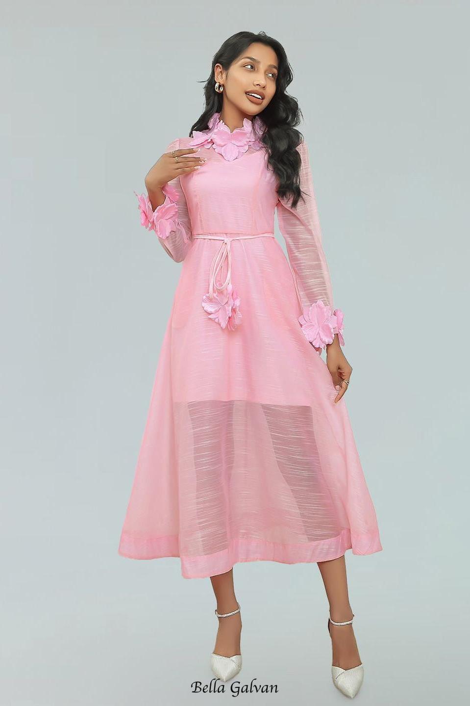 vicky flower embellished lace midi dress in pink Flowering Girl