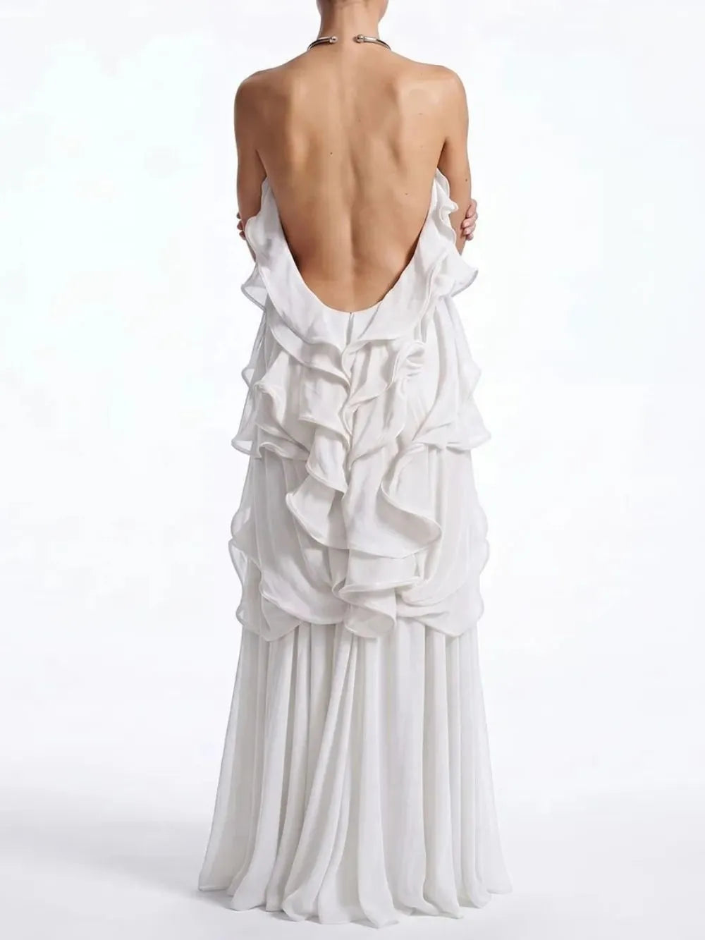 Kaelum Backless Ruffle Maxi Dress In White Flowering Girl