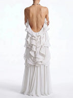 Kaelum Backless Ruffle Maxi Dress In White Flowering Girl
