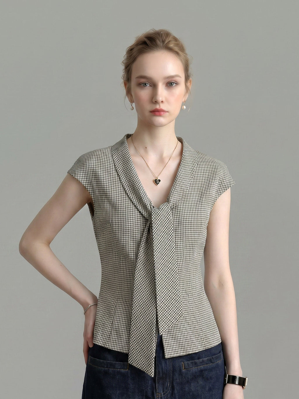 Houndstooth Lapel Tie Neck Cap Sleeve Slim Blouse Flowering Girl