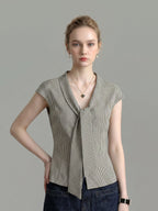 Houndstooth Lapel Tie Neck Cap Sleeve Slim Blouse Flowering Girl
