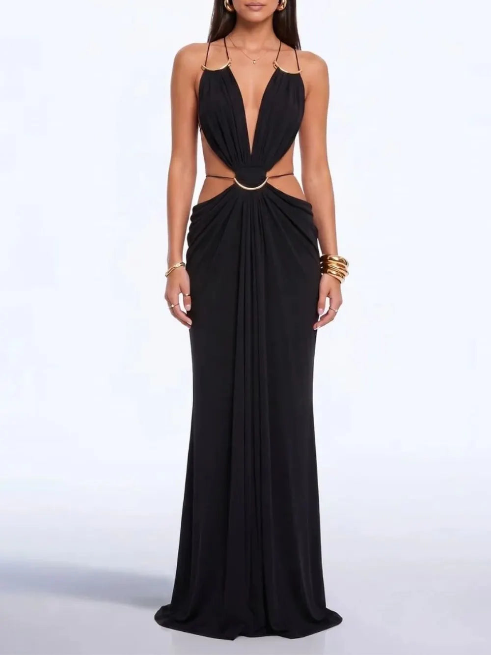 Lorysa Backless Cutout Maxi Dress In Black Flowering Girl