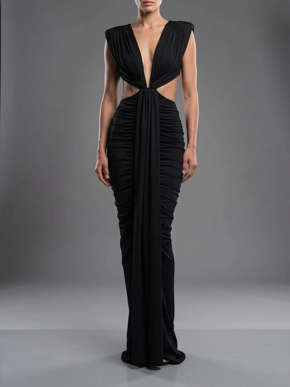 Mali Black Ruched Cutout Maxi Dress Flowering Girl