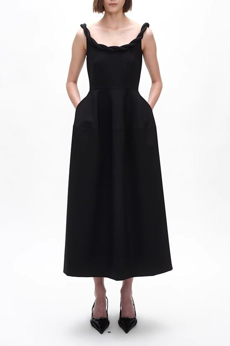 monica Braided shoulder straps midi dress in black Flowering Girl