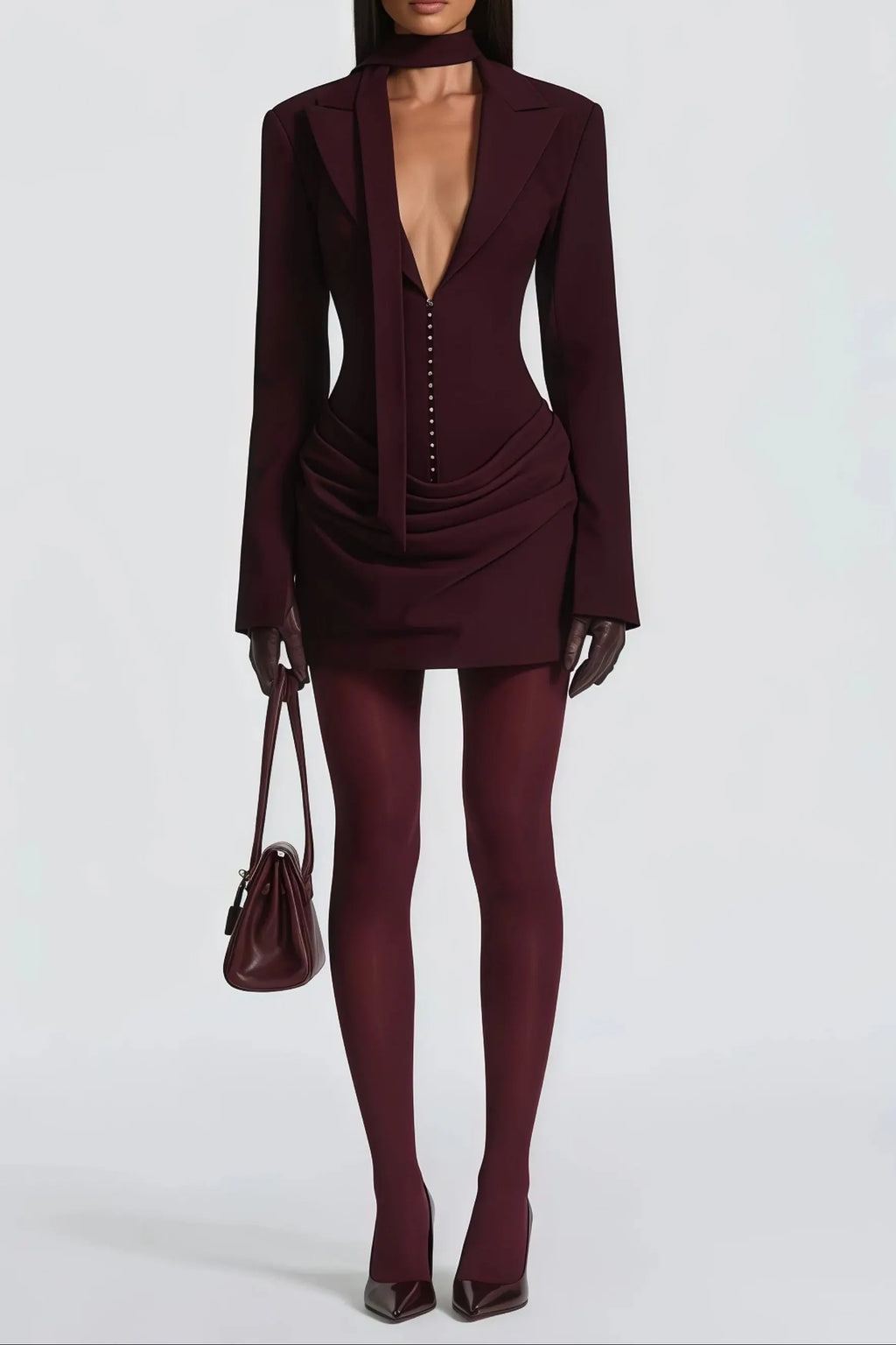 Amelia v-Neck Ruched Blazer Mini Dress In Wine Red Flowering Girl