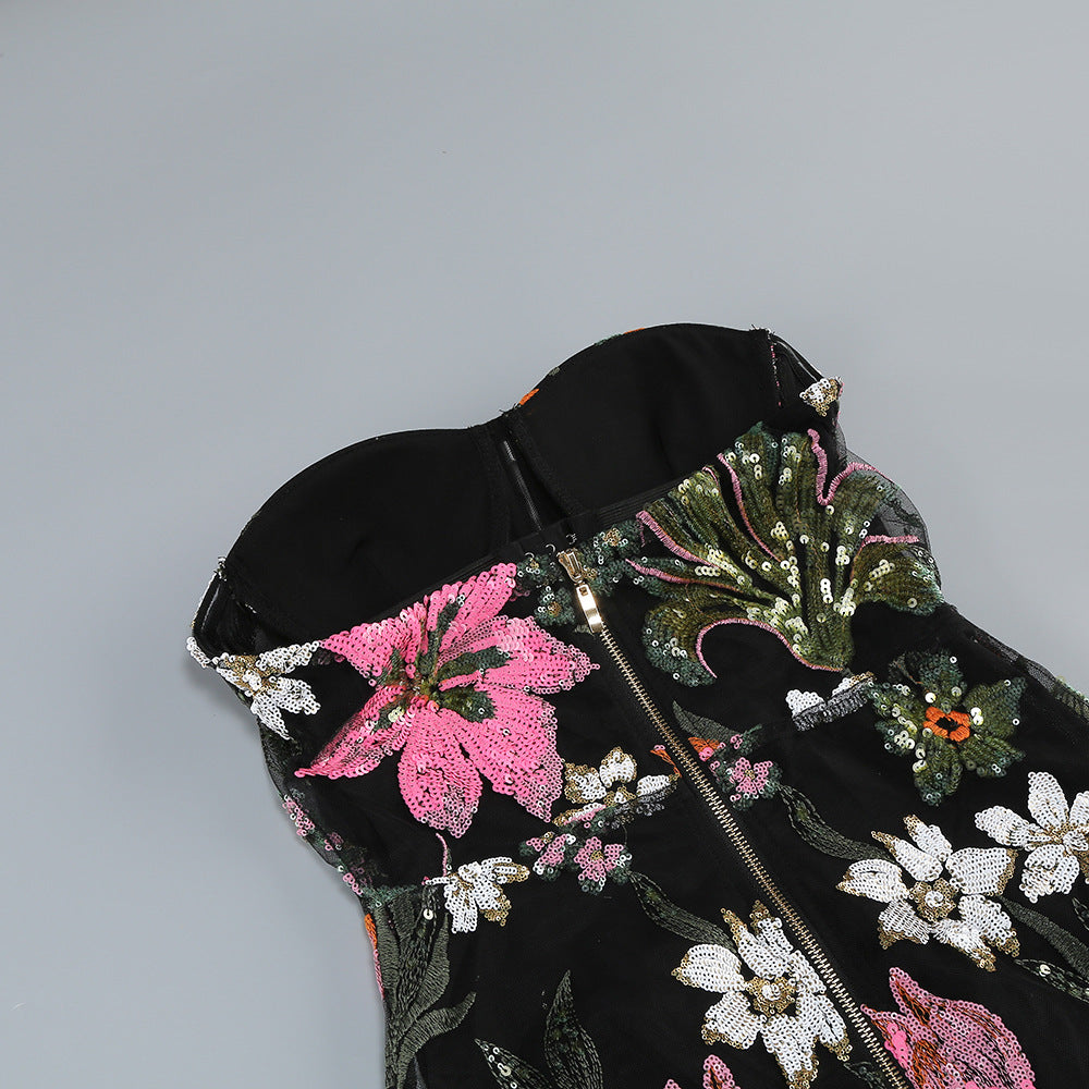 Black Floral Embroidered Mesh Column Dress Flowering Girl