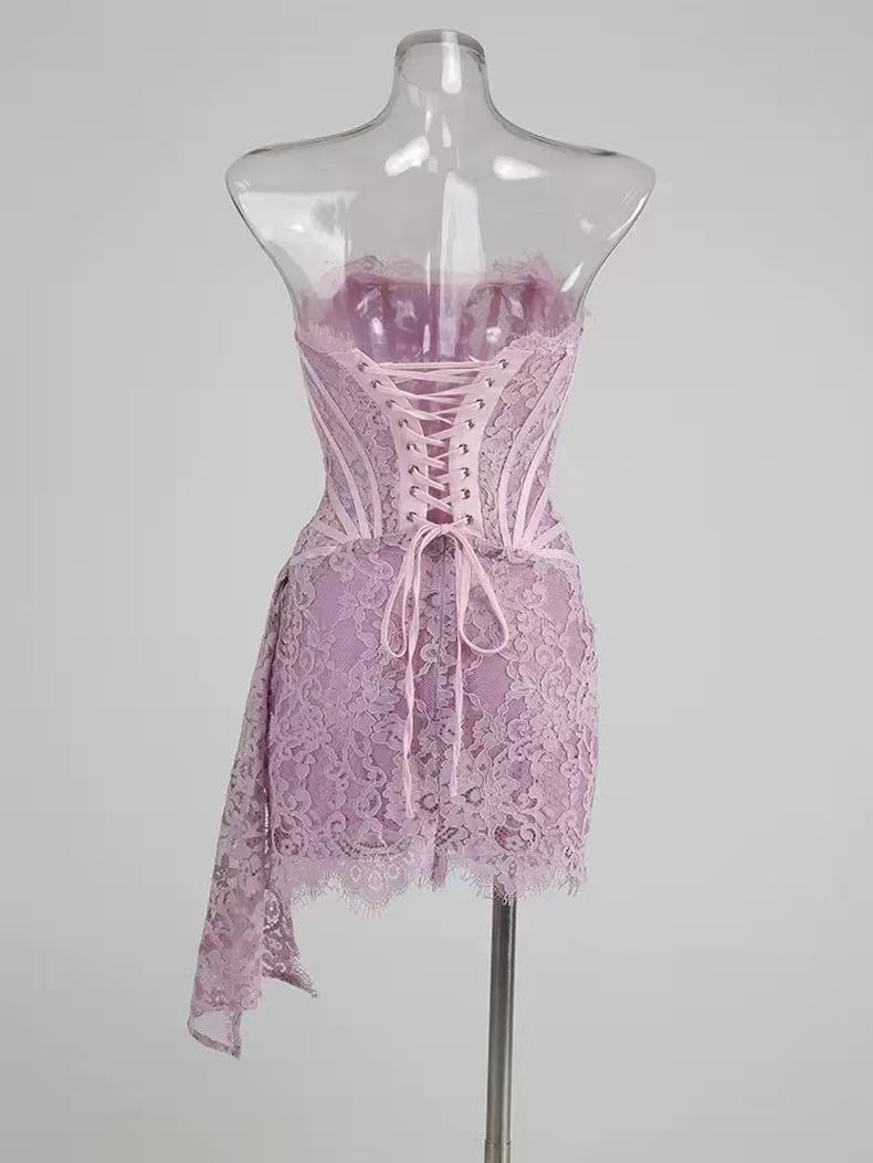 Kellie Strapless Lace Appliques Mini Dress In Light Purple Flowering Girl
