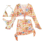 Printed Long-Sleeve Split Cover-Up Bikini Flowering Girl