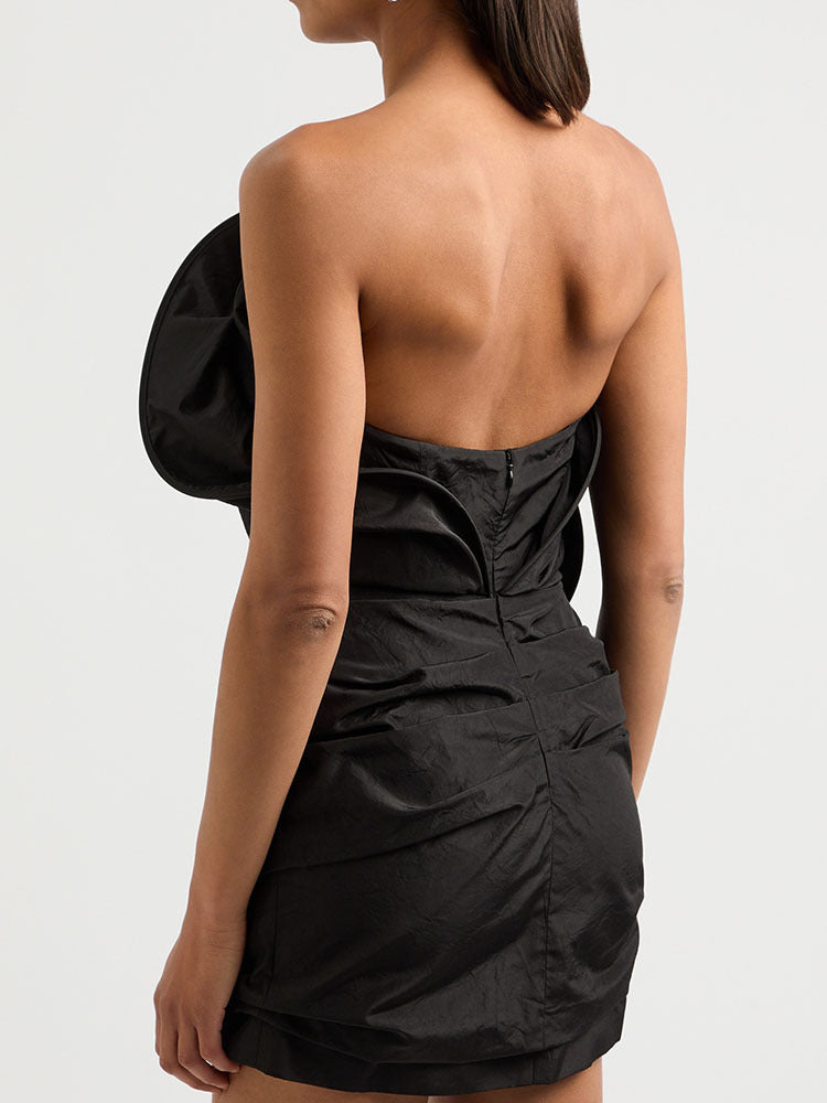 Strapless Ruffled Taffeta Mini Dress in Black Flowering Girl