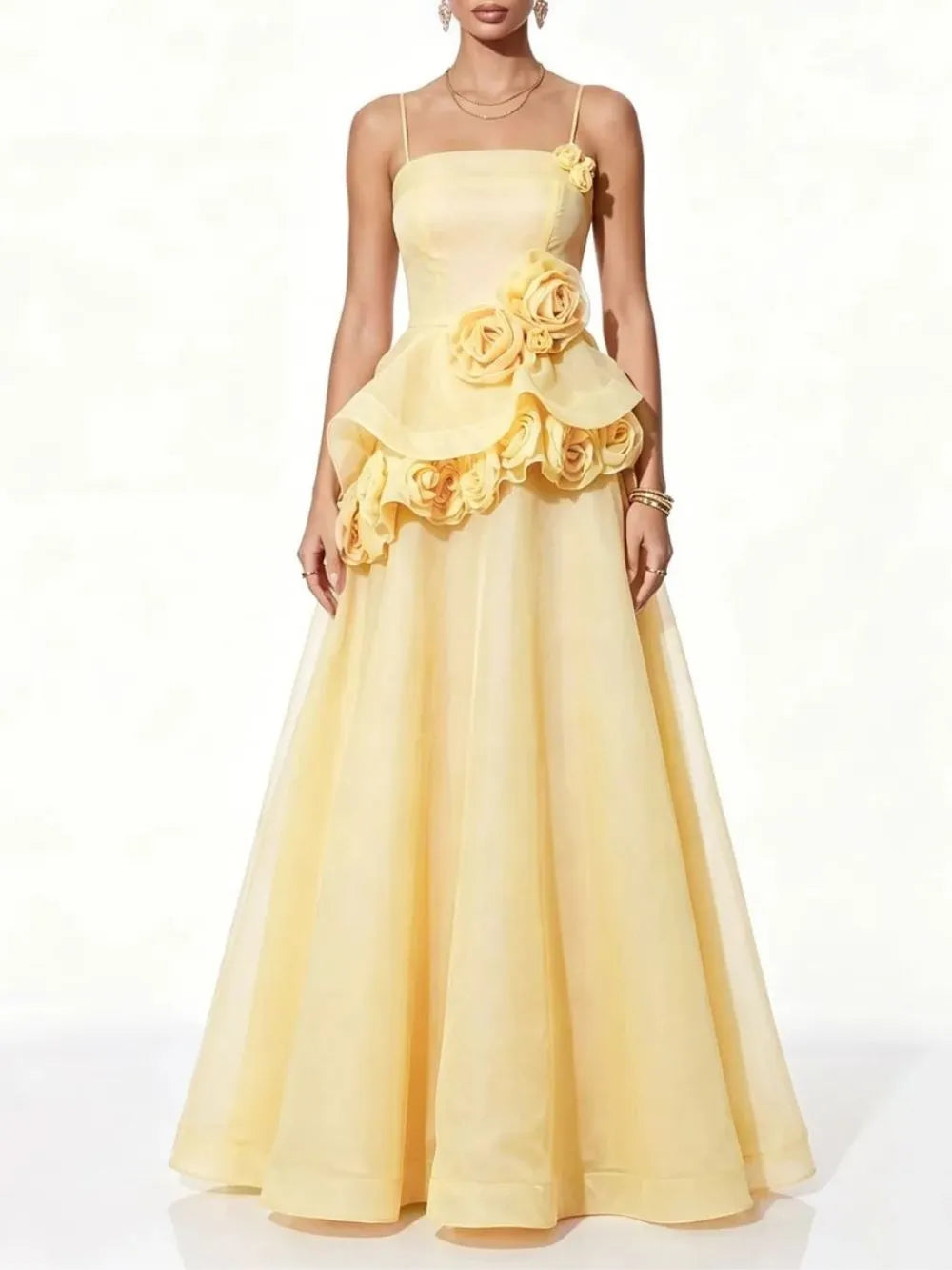 Cydran Spaghetti Flower Maxi Dress In Yellow Flowering Girl