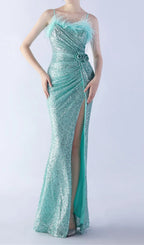 Chroma Mint Sequin Flower Feather Maxi Dress Flowering Girl