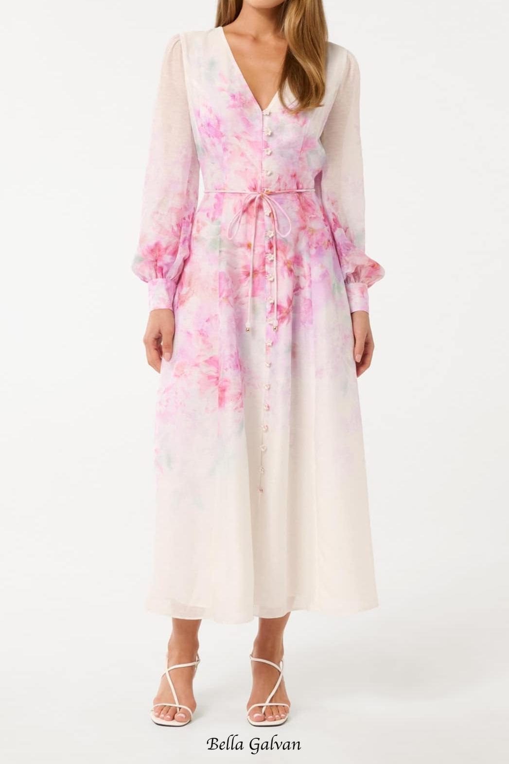 virginia floral Printed Midi Dress in pink Flowering Girl