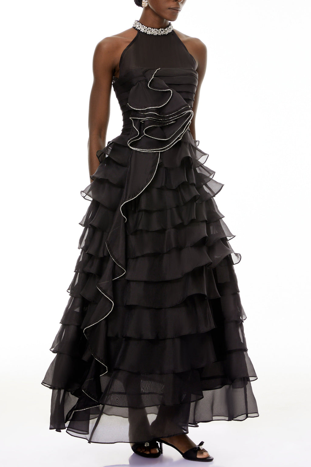 Samantha Black 3D Petal Ruffled Rhinestone Embellished Maxi Dress Flowering Girl