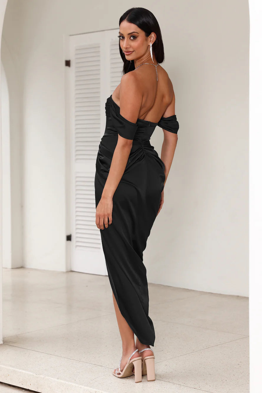 Strapless Satin Midi Dress In Black Flowering Girl
