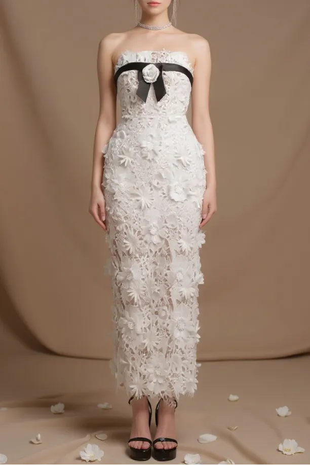 Strapless Flower Embroidery Maxi Dress In White Flowering Girl