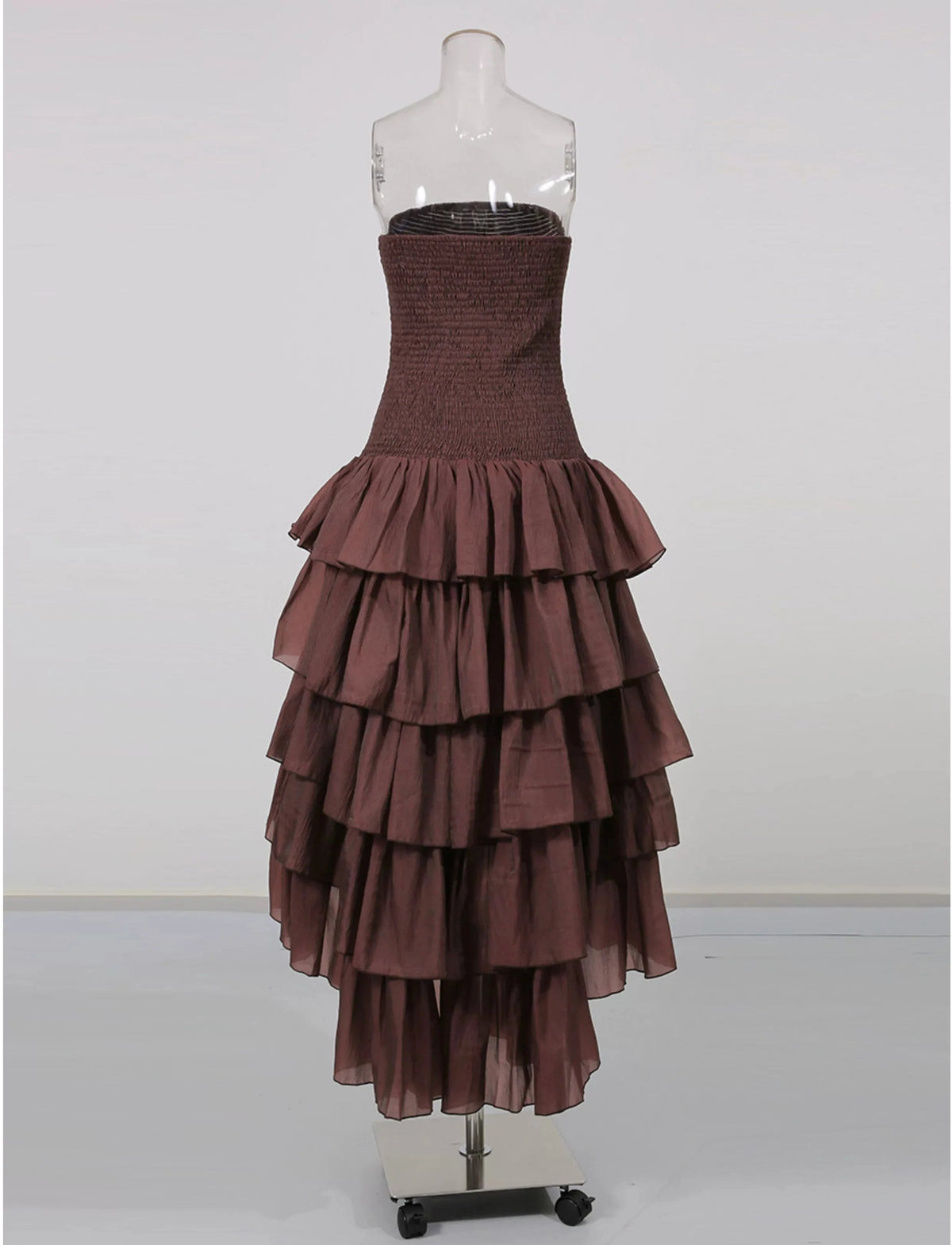 Strapless Smocked Tiered High Low Midi Dress Flowering Girl