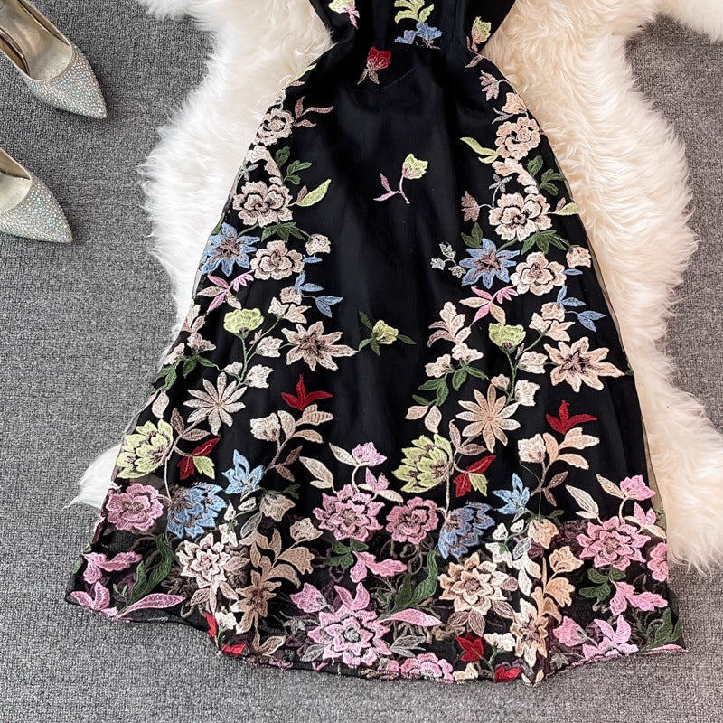 Black Floral Embroidery A-Line Midi Dress with Sheer Mesh Overlay Flowering Girl