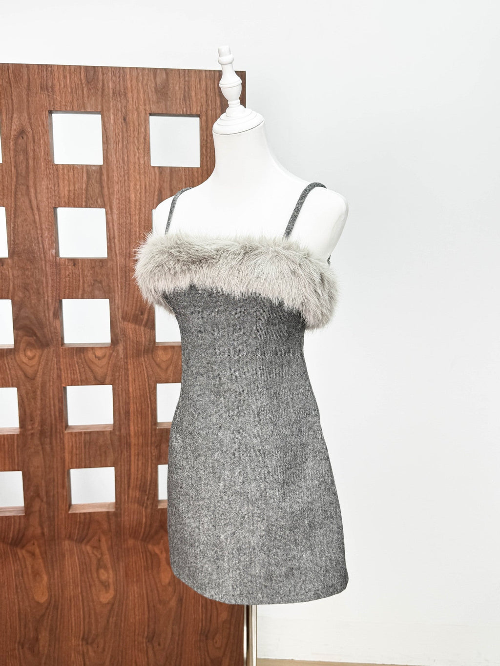 Victoria Spaghetti Faux Fur Mini Dress In Grey Flowering Girl
