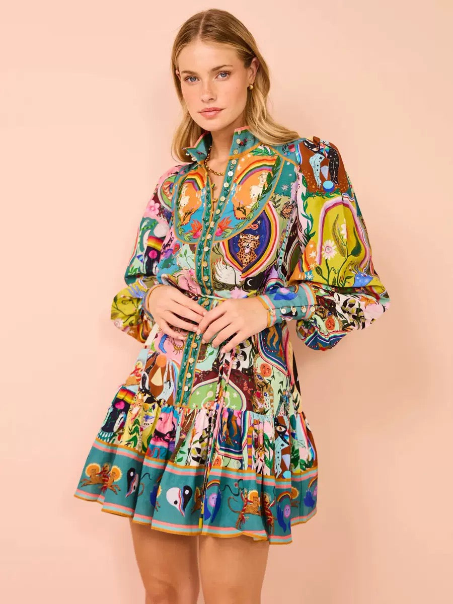 BLUE EVERGREEN ARTWORK-PRINT MINI DRESS Flowering Girl