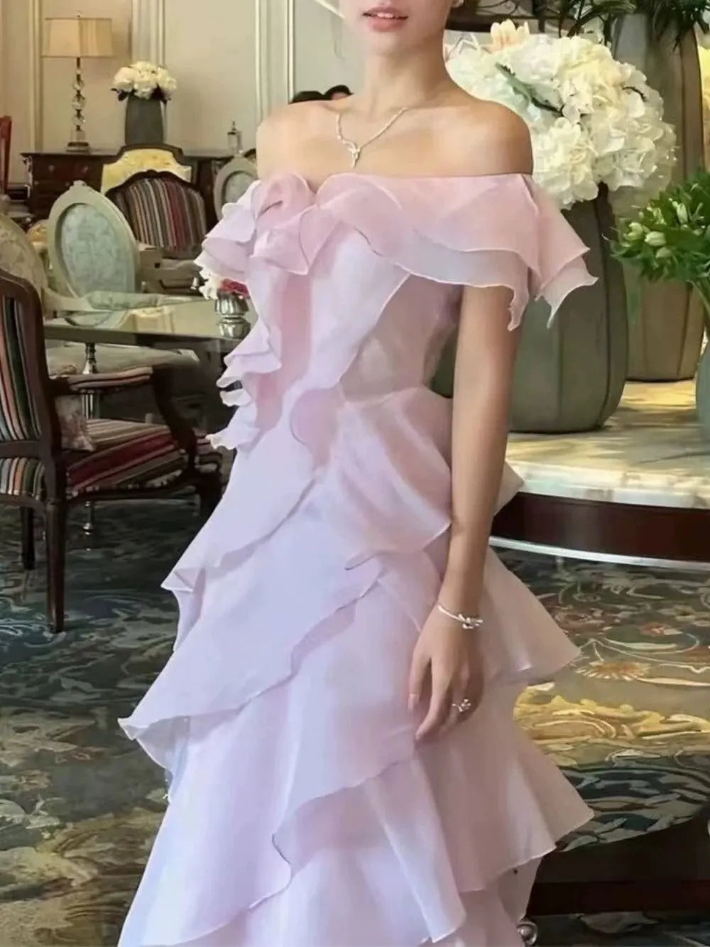Off Shoulder Ruffled Layer Chiffon Maxi Evening Dress Flowering Girl