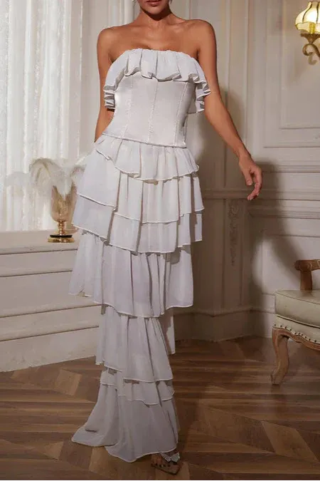 Strapless Ruched Mesh Maxi Dress In White Flowering Girl