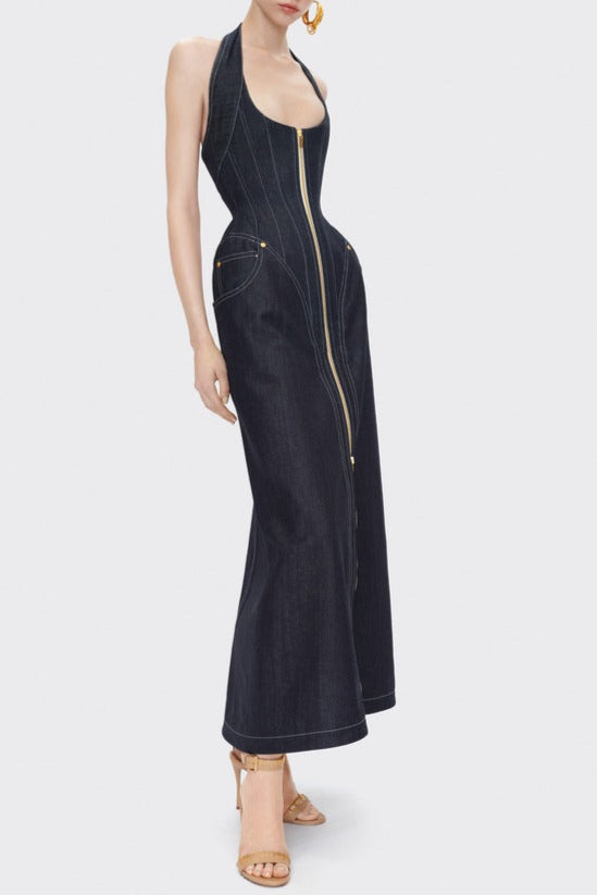 Haltered Corseted Midi Dress Denim In Navy Blue Flowering Girl