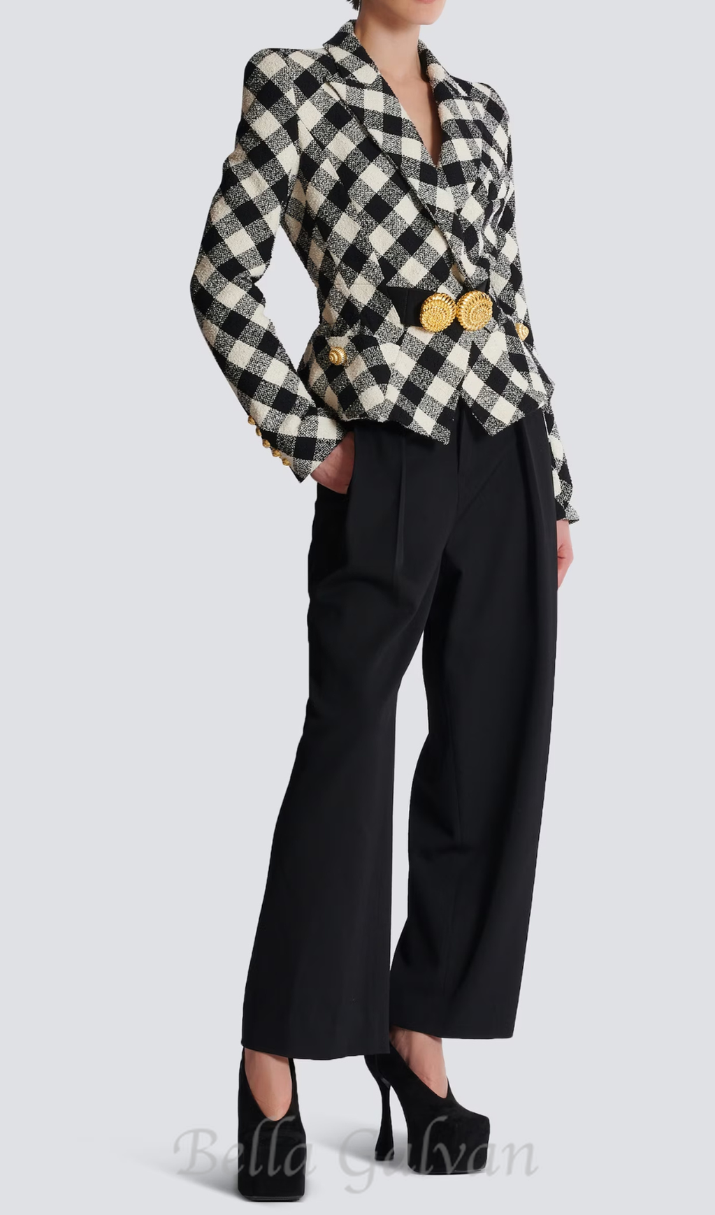 Belted gingham tweed jacket with two Snail buttons Flowering Girl