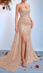 Kailey Champagne Strapless Sequin Maxi Dress Flowering Girl