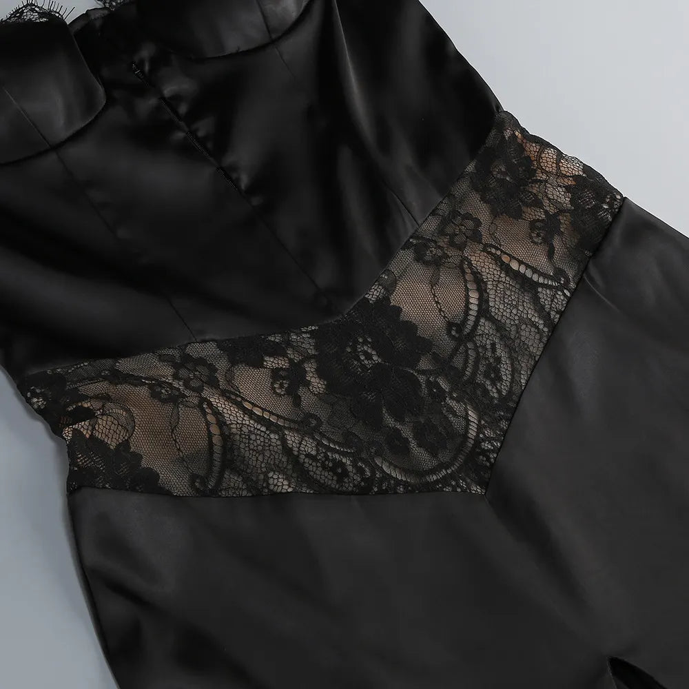 Satin Lace-Trimmed Slit Slip Maxi Dress In Black Flowering Girl