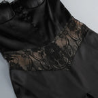 Satin Lace-Trimmed Slit Slip Maxi Dress In Black Flowering Girl