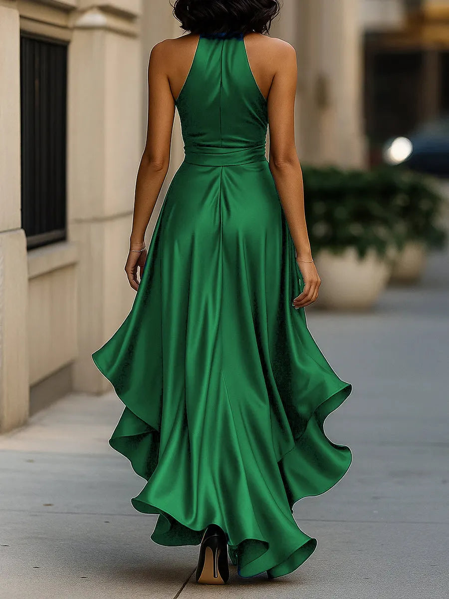 Midnight Elegance Satin Halter Ruffle Gown Flowering Girl