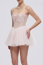 Tie Strap 3D Floral Mesh Corset Tulle Mini Dress Flowering Girl