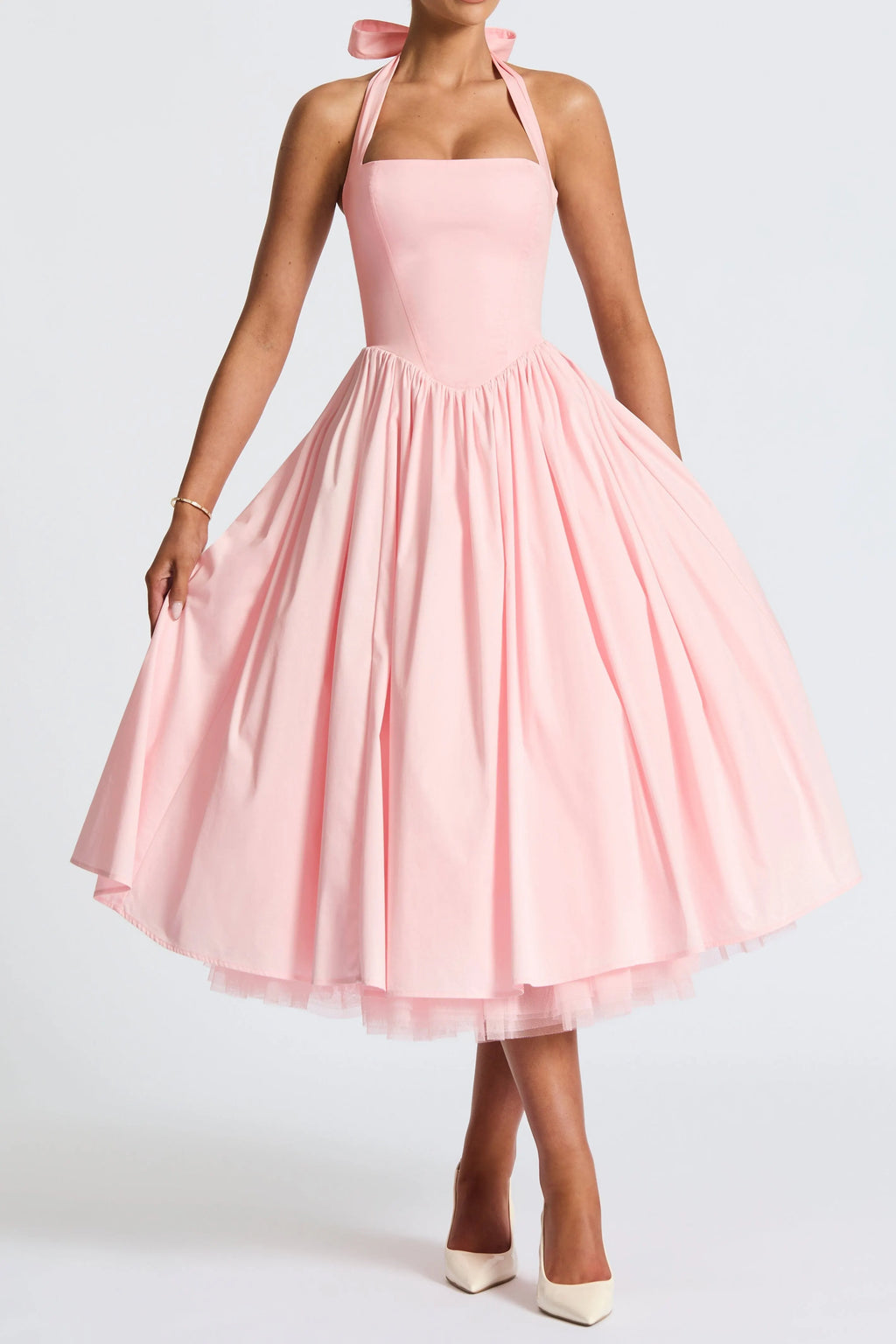 Cressida Backless Puffy Midi Dress - Blush Flowering Girl
