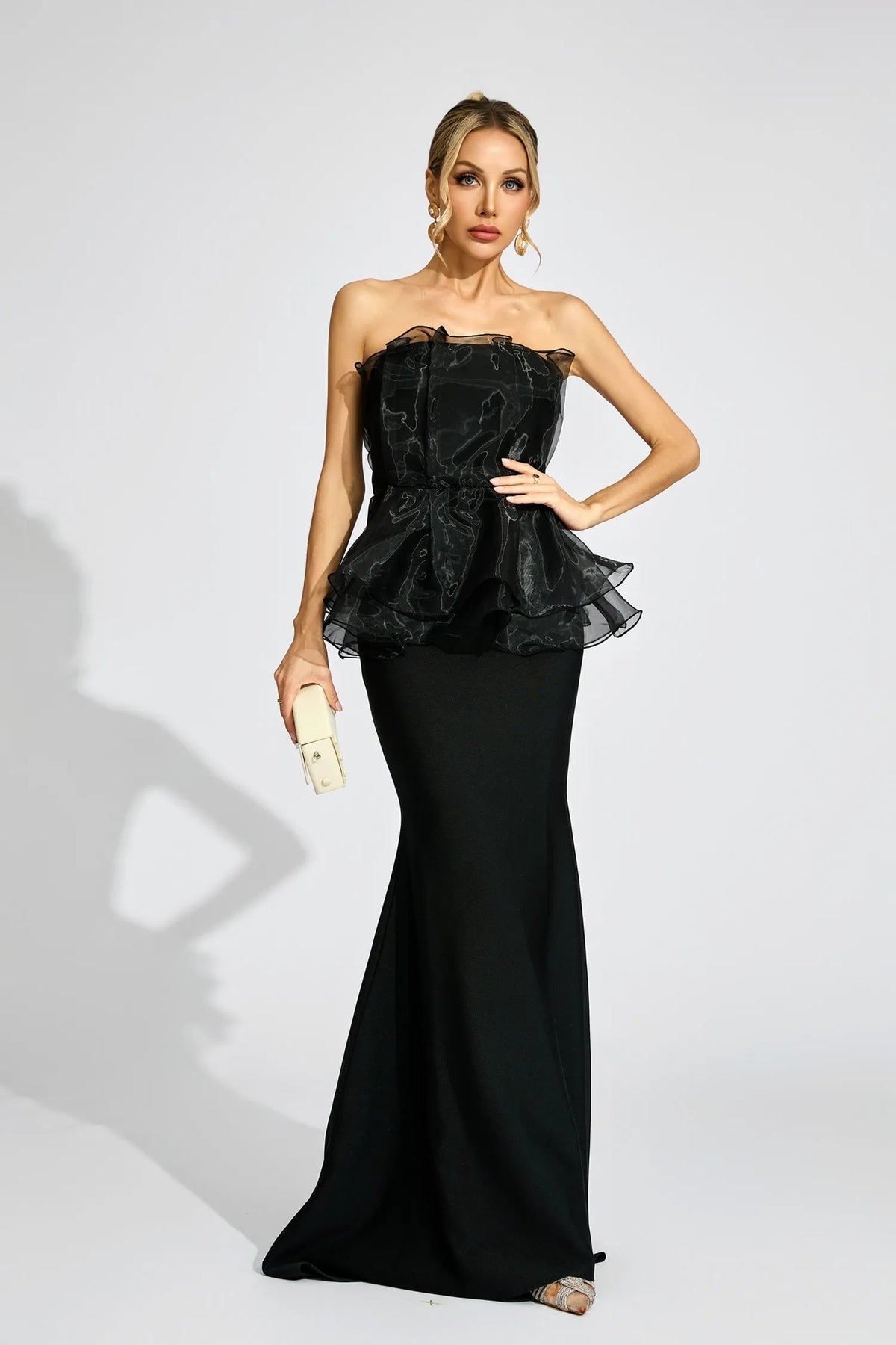 Lorraine Black Peplum Strapless Maxi Dress Flowering Girl
