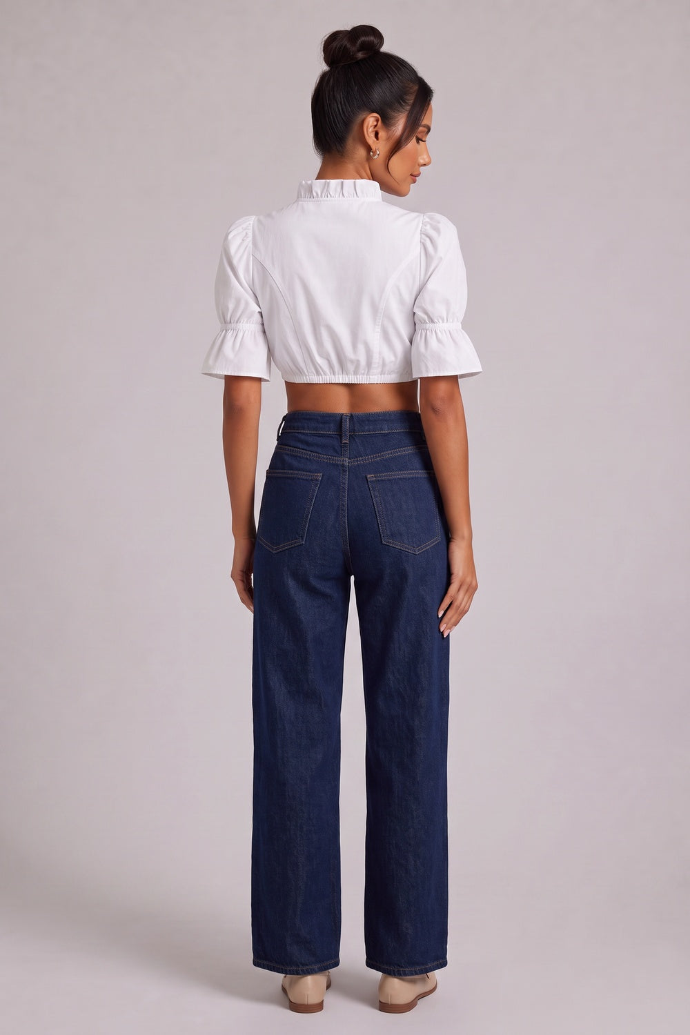 White Cotton Woven Cropped Puff-Sleeve Dirndl Crop Blouse Flowering Girl