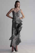 asymmetric ruffled sequined crepe gown in silver Flowering Girl