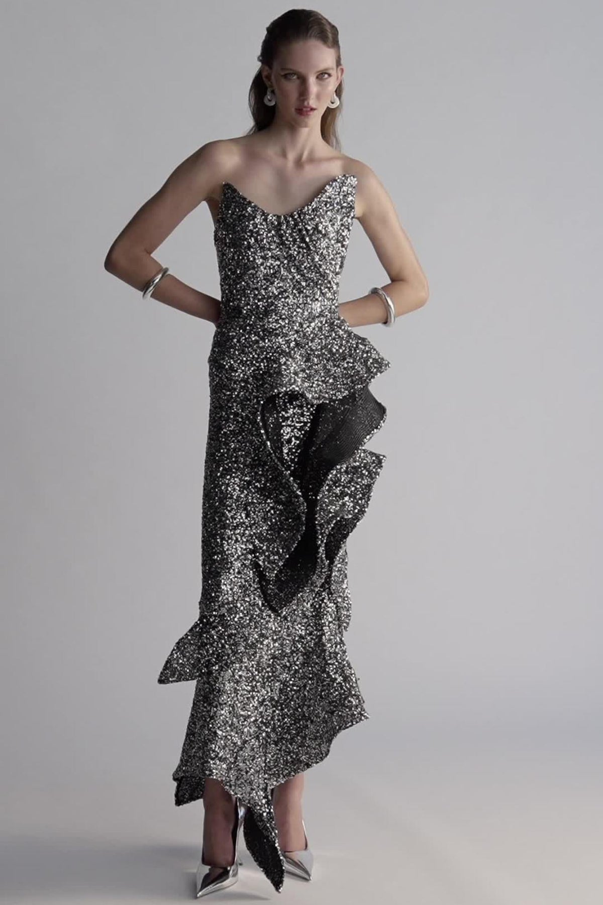 asymmetric ruffled sequined crepe gown in silver Flowering Girl
