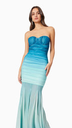 Gradient Mesh Splicing Bodycon Strapless Maxi Dress In Blue Flowering Girl